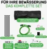 A flat lay of various components of a watering system, including support stakes, a hose, connectors, and a storage bag. Voir les images du produit