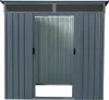 A front view of a gray metal shed with sliding doors. Produktbild-Vorschau