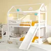A white bunk bed with a slide and stairs, decorated with cloud cutouts, in a child's room.