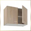A kitchen cabinet with two doors, one slightly ajar, revealing shelves inside. The cabinet has a light brown wood grain finish and a white base. Voir les images du produit
