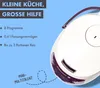 A white and purple mini rice cooker is shown on a blue background with text highlighting its features. Produktbild-Vorschau