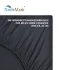 A close-up of a dark gray fitted sheet with text overlay. Produktbild-Vorschau
