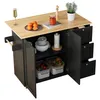 A kitchen cart with a wooden countertop and black cabinets, stocked with kitchen items. Voir les images du produit
