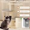 A cat scratching post with multiple platforms and a cat interacting with it, surrounded by marketing text and feature callouts. Podgląd zdjęcia produktu