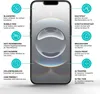 A smartphone screen protector is shown with various features highlighted by text and icons. Produktbild-Vorschau