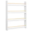 A white four-tiered bookshelf with natural wood dowels on each shelf, presented against a white background. Produktbild-Vorschau