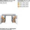 A diagram showing the dimensions of a white desk with drawers and cabinets. Produktbild-Vorschau