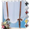 A white sheer curtain with brown ribbon ties is displayed in a window. A bouquet of flowers is visible in the lower left corner. Produktbild-Vorschau