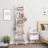 A bedroom scene with a ladder shelf filled with books and folded clothes, a nightstand, and a bed. Náhľad obrázku produktu