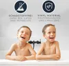 Two young boys in a bathtub, with marketing text and icons above them. Produktbild-Vorschau