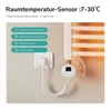 A close-up view of a white electric towel warmer with an attached digital thermostat, plugged into a wall socket. The image also shows a graphic overlay with text and icons. Produktbild-Vorschau