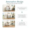 A collage of three images showing a white sideboard with a pull-out table in different configurations, set in a kitchen or dining area. Produktbild-Vorschau