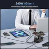 A person in a white shirt and tie is working at a desk with multiple electronic devices charging. Produktbild-Vorschau