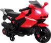 A red electric toy motorcycle with black accents and training wheels, shown from a three-quarter side view. Produktbild-Vorschau