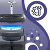 An exploded view of a pet water fountain, showing its components, with a graphic icon in the background. Produktbild-Vorschau