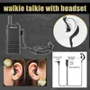 A collage of images showing a walkie-talkie, a headset, and close-ups of how the headset fits in the ear, along with a diagram of the headset components. Náhled obrázku produktu