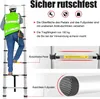 A person is climbing an extendable ladder, with close-up views of the ladder's features and text highlighting its safety aspects. Produktbild-Vorschau