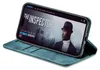 A teal flip case for an iPhone is shown open, displaying a movie poster on the phone screen. Produktbild-Vorschau