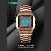 A rose gold digital watch is displayed against a dark, abstract background with geometric lines. Produktbild-Vorschau