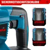 Close-up of a power tool with diagrams illustrating its safety lock feature. Produktbild-Vorschau