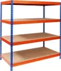 A four-tier shelving unit with orange shelves and blue metal supports, shown against a white background. Podgląd zdjęcia produktu