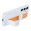 A white Samsung phone case with an orange interior and a white grip stand is shown from a diagonal angle against a white background. Produktbild-Vorschau