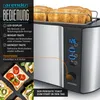A toaster with bread in it, alongside a close-up of toast slices and descriptive text about its features. Produktbild-Vorschau