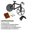 A product image showing a pizza cutter shaped like a bicycle, along with its accessories and a list of included items. Produktbild-Vorschau