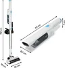 A white cordless vacuum cleaner is shown in two configurations: upright and as a handheld unit. Dimensions are indicated with lines and text. Produktbild-Vorschau