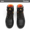 A pair of black work boots with orange accents, shown from a top-down perspective against a white background. Produktbild-Vorschau