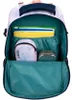 The inside of an open backpack is shown, with school supplies neatly organized. Voir les images du produit