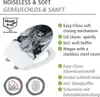 A toilet seat with a black and white animal print design, shown open, with accompanying feature descriptions in English and German. Produktbild-Vorschau