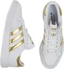 A pair of white Adidas sneakers with gold accents, shown from two different angles. Produktbild-Vorschau