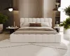 A modern bedroom with a white upholstered bed, wooden wall paneling, and decorative lighting. Produktbild-Vorschau