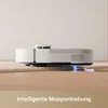 A side view of a white robot vacuum cleaner on a carpeted floor, with a blue light indicating a 7mm mop lift. Produktbild-Vorschau