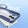 A close-up view of a blue phone case being placed onto a smartphone. Voir les images du produit