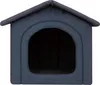 A front view of a navy blue fabric dog house with an arched entrance. Náhled obrázku produktu