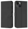 A black flip case for an iPhone 13 Mini is shown from two angles, one open and one closed. Podgląd zdjęcia produktu