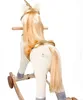 A close-up rear view of a plush rocking unicorn toy with blonde hair and gold accents, set against a white background. Podgląd zdjęcia produktu