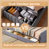 A split image showing two different types of bed storage solutions: one with a large, open storage space under the mattress, and another with drawers. The top image shows the open storage filled with items like pillows, boxes, and a stuffed animal. The bot Produktbild-Vorschau