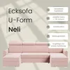 A pink U-shaped sofa is shown with text overlays describing its features. Podgląd zdjęcia produktu