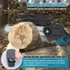 A close-up of a mini chainsaw cutting a log, with text overlays highlighting features. Produktbild-Vorschau
