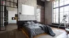 A modern bedroom with a large bed, a kitchen area visible through a glass partition, and large windows. Podgląd zdjęcia produktu