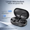 A pair of black wireless earbuds in an open charging case, with text overlays highlighting battery life and usage scenarios. Produktbild-Vorschau