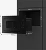 A black built-in microwave is shown partially installed in a black cabinet, with dimensions indicated by white lines and text. Produktbild-Vorschau