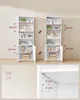 A collage showing two tall white bookshelves with decorative items and books. Dimensions are indicated with text and arrows. A close-up of a corner joint with measurements is also shown. Náhled obrázku produktu