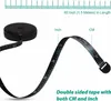 A black retractable measuring tape is shown extended, with markings for inches and centimeters visible. Text overlays provide additional information about the product. Produktbild-Vorschau