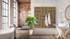 A modern bathroom with a bathtub, sink, and a wooden slatted panel on the wall. Anteprima dell’immagine prodotto
