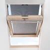 A close-up view of a wooden framed skylight with a mesh screen partially open. Produktbild-Vorschau