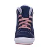 A close-up, front-facing view of a child's blue boot with pink laces and gray fur trim. Produktbild-Vorschau